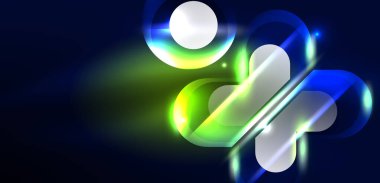Soyut arkaplan parlayan neon ışıklı geometrik şekiller. Duvar kağıdı, bayrak, arkaplan, kart, kitap illüstrasyonu, iniş sayfası için uzay kozmik ya da sihirli enerji vektör duvar kağıdı