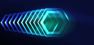 Altıgen soyut arkaplan. Duvar kağıdı, afiş, arkaplan, iniş sayfası, duvar sanatı, davetiye, baskılar için tekno parlayan neon altıgen şekiller vektör ilüstrasyonunu şekillendirir