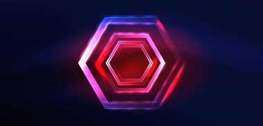 Altıgen soyut arkaplan. Duvar kağıdı, afiş, arkaplan, iniş sayfası, duvar sanatı, davetiye, baskılar için tekno parlayan neon altıgen şekiller vektör ilüstrasyonunu şekillendirir