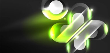 Neon parlayan geometrik şekiller vektör soyut arkaplanı. Yuvarlak elementler, ışık efektleri ve renk arkaplanlı parlak cam. Uzay kozmik ya da sihirli enerji duvar kağıdı