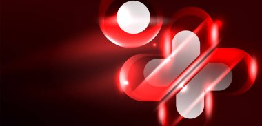 Neon parlayan geometrik şekiller vektör soyut arkaplanı. Yuvarlak elementler, ışık efektleri ve renk arkaplanlı parlak cam. Uzay kozmik ya da sihirli enerji duvar kağıdı