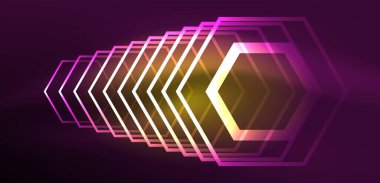 Soyut arka plan tekno neon altıgenleri. Duvar kağıdı, afiş, arkaplan, iniş sayfası, duvar resimleri, davetiye, baskılar, posterler için yüksek teknoloji vektör ilüstrasyonuName