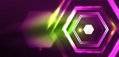 Soyut arka plan tekno neon altıgenleri. Duvar kağıdı, afiş, arkaplan, iniş sayfası, duvar resimleri, davetiye, baskılar, posterler için yüksek teknoloji vektör ilüstrasyonuName