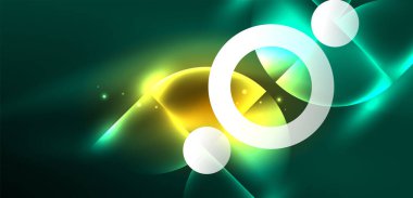 Soyut arka plan, parlak parlak neon rengi elementler ve daireler. Duvar kağıdı, bayrak, arkaplan, kart, kitap illüstrasyonu, iniş sayfası için tekno fütüristik vektör ilülasyonu