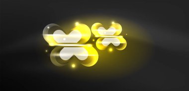 Neon parlayan geometrik şekiller vektör soyut arkaplanı. Yuvarlak elementler, ışık efektleri ve renk arkaplanlı parlak cam. Uzay kozmik ya da sihirli enerji duvar kağıdı