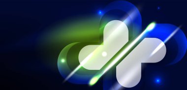 Soyut arkaplan parlayan neon ışıklı geometrik şekiller. Duvar kağıdı, bayrak, arkaplan, kart, kitap illüstrasyonu, iniş sayfası için uzay kozmik ya da sihirli enerji vektör duvar kağıdı