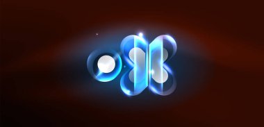 Neon parlayan geometrik şekiller vektör soyut arkaplanı. Yuvarlak elementler, ışık efektleri ve renk arkaplanlı parlak cam. Uzay kozmik ya da sihirli enerji duvar kağıdı