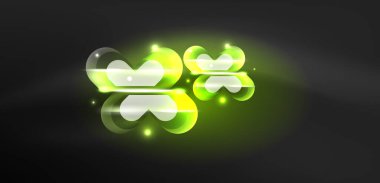 Neon parlayan geometrik şekiller vektör soyut arkaplanı. Yuvarlak elementler, ışık efektleri ve renk arkaplanlı parlak cam. Uzay kozmik ya da sihirli enerji duvar kağıdı
