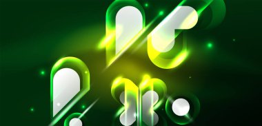 Neon parlayan geometrik şekiller vektör soyut arkaplanı. Yuvarlak elementler, ışık efektleri ve renk arkaplanlı parlak cam. Uzay kozmik ya da sihirli enerji duvar kağıdı