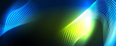 Parlak neon dalgalar, dinamik elektrik hareketi, enerji ya da hız kavramı. Duvar kağıdı, afiş, arkaplan, broşür, katalog, kapak, broşür