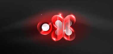 Neon parlayan geometrik şekiller vektör soyut arkaplanı. Yuvarlak elementler, ışık efektleri ve renk arkaplanlı parlak cam. Uzay kozmik ya da sihirli enerji duvar kağıdı