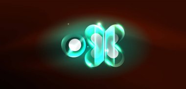 Neon parlayan geometrik şekiller vektör soyut arkaplanı. Yuvarlak elementler, ışık efektleri ve renk arkaplanlı parlak cam. Uzay kozmik ya da sihirli enerji duvar kağıdı