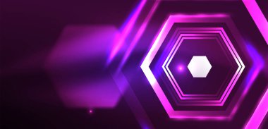 Soyut arka plan tekno neon altıgenleri. Duvar kağıdı, afiş, arkaplan, iniş sayfası, duvar resimleri, davetiye, baskılar, posterler için yüksek teknoloji vektör ilüstrasyonuName