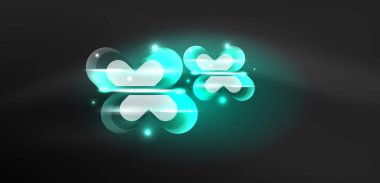 Neon parlayan geometrik şekiller vektör soyut arkaplanı. Yuvarlak elementler, ışık efektleri ve renk arkaplanlı parlak cam. Uzay kozmik ya da sihirli enerji duvar kağıdı