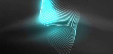 Parlak neon dalgalar. Neon ışığı ya da lazer gösterisi, elektrik akımı, güç hatları, tekno kuantum enerji dürtüsü, parlayan sihirli dinamik çizgiler.