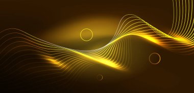 Neon çizgileri ve dalgalar soyut arkaplan. Duvar kağıdı, pankart, arkaplan, iniş sayfası, duvar sanatı, davetiye, baskılar, posterler için parlayan tekno neon şekiller vektör ilülasyonu