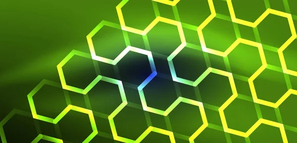 Hexagon Fundo Abstrato Techno Brilhante Neon Hexágono Formas Vetor Ilustração — Vetor de Stock