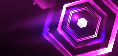 Soyut arka plan tekno neon altıgenleri. Duvar kağıdı, afiş, arkaplan, iniş sayfası, duvar resimleri, davetiye, baskılar, posterler için yüksek teknoloji vektör ilüstrasyonuName