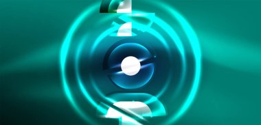 Neon yuvarlak şekiller, çizgiler ve üçgen elementler. Duvar kağıdı, afiş, arkaplan, iniş sayfası, duvar resimleri, davetiyeler, posterler için yüksek teknoloji tasarımı