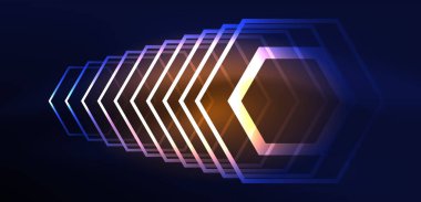 Altıgen soyut arkaplan. Duvar kağıdı, afiş, arkaplan, iniş sayfası, duvar sanatı, davetiye, baskılar için tekno parlayan neon altıgen şekiller vektör ilüstrasyonunu şekillendirir