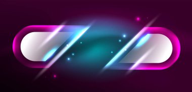 Neon parlayan geometrik şekiller vektör soyut arkaplanı. Yuvarlak elementler, ışık efektleri ve renk arkaplanlı parlak cam. Uzay kozmik ya da sihirli enerji duvar kağıdı