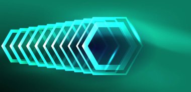 Altıgen soyut arkaplan. Duvar kağıdı, afiş, arkaplan, iniş sayfası, duvar sanatı, davetiye, baskılar için tekno parlayan neon altıgen şekiller vektör ilüstrasyonunu şekillendirir