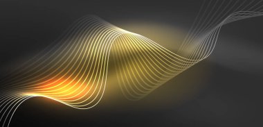 Parlak neon dalgalar. Neon ışığı ya da lazer gösterisi, elektrik akımı, güç hatları, tekno kuantum enerji dürtüsü, parlayan sihirli dinamik çizgiler.