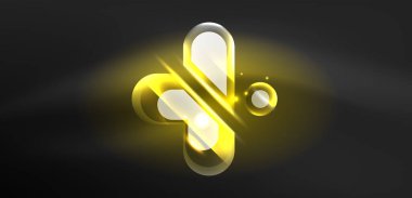 Neon parlayan geometrik şekiller vektör soyut arkaplanı. Yuvarlak elementler, ışık efektleri ve renk arkaplanlı parlak cam. Uzay kozmik ya da sihirli enerji duvar kağıdı