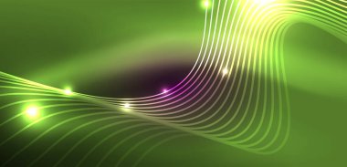 Parlak neon dalgalar. Neon ışığı ya da lazer gösterisi, elektrik akımı, güç hatları, tekno kuantum enerji dürtüsü, parlayan sihirli dinamik çizgiler.