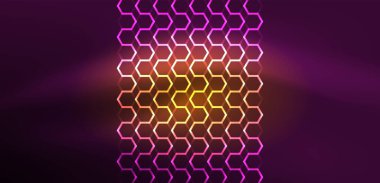 Soyut arka plan tekno neon altıgenleri. Duvar kağıdı, afiş, arkaplan, iniş sayfası, duvar resimleri, davetiye, baskılar, posterler için yüksek teknoloji vektör ilüstrasyonuName