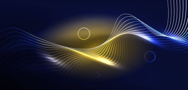 Neon lazer hatları, daire dalgaları soyut arkaplan. Neon ışığı ya da lazer gösterisi, elektrik akımı, güç hatları, tekno kuantum enerji dürtüsü, parlayan sihirli dinamik çizgiler.