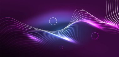 Neon çizgileri ve dalgalar soyut arkaplan. Duvar kağıdı, pankart, arkaplan, iniş sayfası, duvar sanatı, davetiye, baskılar, posterler için parlayan tekno neon şekiller vektör ilülasyonu