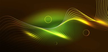 Neon çizgileri ve dalgalar soyut arkaplan. Duvar kağıdı, pankart, arkaplan, iniş sayfası, duvar sanatı, davetiye, baskılar, posterler için parlayan tekno neon şekiller vektör ilülasyonu