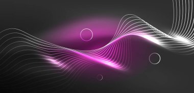 Neon lazer hatları, daire dalgaları soyut arkaplan. Neon ışığı ya da lazer gösterisi, elektrik akımı, güç hatları, tekno kuantum enerji dürtüsü, parlayan sihirli dinamik çizgiler.