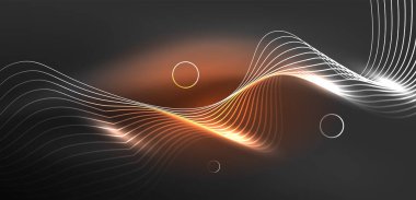 Neon lazer hatları, daire dalgaları soyut arkaplan. Neon ışığı ya da lazer gösterisi, elektrik akımı, güç hatları, tekno kuantum enerji dürtüsü, parlayan sihirli dinamik çizgiler.