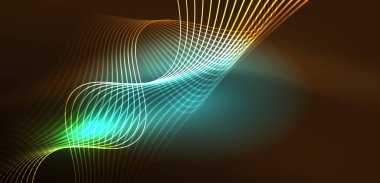 Parlak neon dalgalar. Neon ışığı ya da lazer gösterisi, elektrik akımı, güç hatları, tekno kuantum enerji dürtüsü, parlayan sihirli dinamik çizgiler.