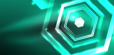 Soyut arka plan tekno neon altıgenleri. Duvar kağıdı, afiş, arkaplan, iniş sayfası, duvar resimleri, davetiye, baskılar, posterler için yüksek teknoloji vektör ilüstrasyonuName