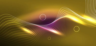 Neon çizgileri ve dalgalar soyut arkaplan. Duvar kağıdı, pankart, arkaplan, iniş sayfası, duvar sanatı, davetiye, baskılar, posterler için parlayan tekno neon şekiller vektör ilülasyonu
