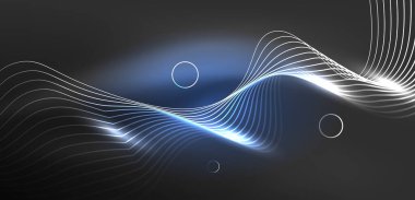 Neon lazer hatları, daire dalgaları soyut arkaplan. Neon ışığı ya da lazer gösterisi, elektrik akımı, güç hatları, tekno kuantum enerji dürtüsü, parlayan sihirli dinamik çizgiler.