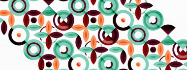 Soyut arkaplan - minimalist daireler ve çeşitli boyutlarda daireler ve diğer geometrik şekillerle yuvarlak elementler bileşimi. Elementler simetrik olarak şebekeye benzer bir şekilde dizilmiştir.