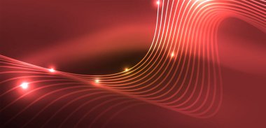 Parlak neon dalgalar. Neon ışığı ya da lazer gösterisi, elektrik akımı, güç hatları, tekno kuantum enerji dürtüsü, parlayan sihirli dinamik çizgiler.