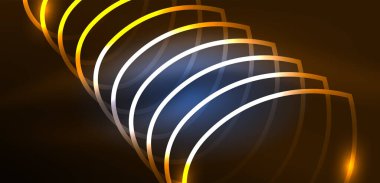 Neon çizgileri ve dalgalar soyut arkaplan. Duvar kağıdı, pankart, arkaplan, iniş sayfası, duvar sanatı, davetiye, baskılar, posterler için parlayan tekno neon şekiller vektör ilülasyonu