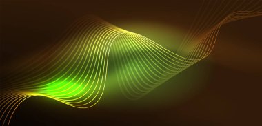 Parlak neon dalgalar. Neon ışığı ya da lazer gösterisi, elektrik akımı, güç hatları, tekno kuantum enerji dürtüsü, parlayan sihirli dinamik çizgiler.