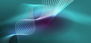 Parlak neon dalgalar. Neon ışığı ya da lazer gösterisi, elektrik akımı, güç hatları, tekno kuantum enerji dürtüsü, parlayan sihirli dinamik çizgiler.