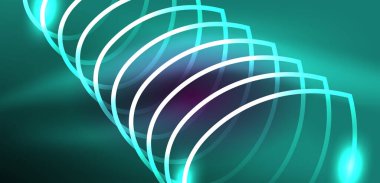 Neon çizgileri ve dalgalar soyut arkaplan. Duvar kağıdı, pankart, arkaplan, iniş sayfası, duvar sanatı, davetiye, baskılar, posterler için parlayan tekno neon şekiller vektör ilülasyonu