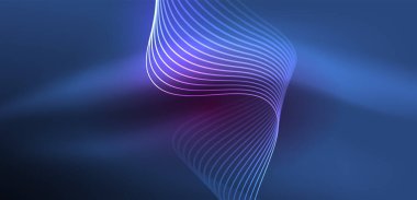 Parlak neon dalgalar. Neon ışığı ya da lazer gösterisi, elektrik akımı, güç hatları, tekno kuantum enerji dürtüsü, parlayan sihirli dinamik çizgiler.