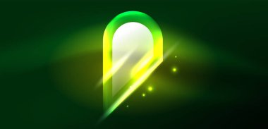 Neon parlayan geometrik şekiller vektör soyut arkaplanı. Yuvarlak elementler, ışık efektleri ve renk arkaplanlı parlak cam. Uzay kozmik ya da sihirli enerji duvar kağıdı