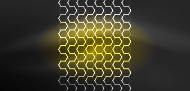 Soyut arka plan tekno neon altıgenleri. Duvar kağıdı, afiş, arkaplan, iniş sayfası, duvar resimleri, davetiye, baskılar, posterler için yüksek teknoloji vektör ilüstrasyonuName