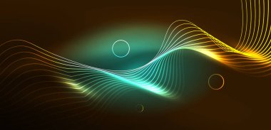 Neon çizgileri ve dalgalar soyut arkaplan. Duvar kağıdı, pankart, arkaplan, iniş sayfası, duvar sanatı, davetiye, baskılar, posterler için parlayan tekno neon şekiller vektör ilülasyonu