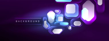 Neon çizgileri, kareler ve yuvarlak şekiller soyut arkaplan. Duvar kağıdı, afiş, arkaplan, iniş sayfası, duvar sanatı, davetiye, baskılar için tekno parlayan neon altıgen şekiller vektör ilüstrasyonunu şekillendirir